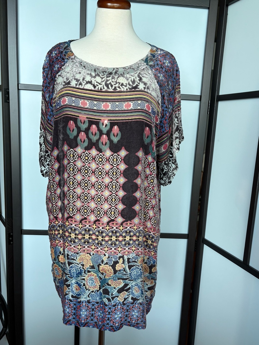 Johnny Was Velvet Burnout Silk Blend Boho Tunic Dress M Floral Artsy